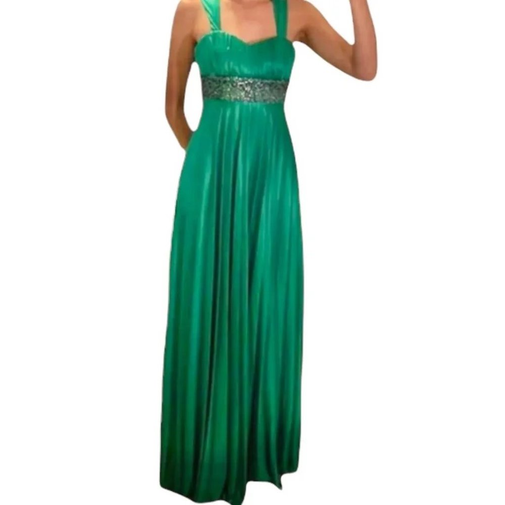 My Michelle green satin pleated sequin prom dress